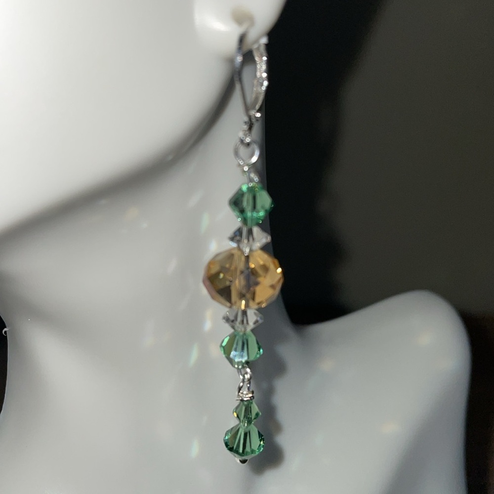 HAND CRAFTED PIERCED EARRINGS  Amber Crystals Swarovski Erinite & Clear Crystals